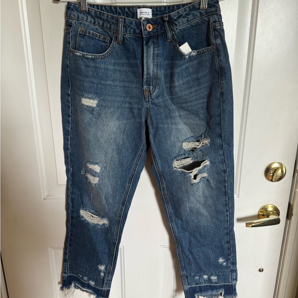 Blue Boyfriend Jeans with Distressed Details